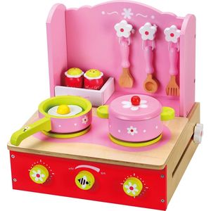 Playwood - Speel Keuken roze opklapbaar inclusief accessoires - Houten Fornuisje tafelmodel