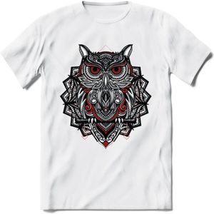 Uil - Dieren Mandala T-Shirt | Rood | Grappig Verjaardag Zentangle Dierenkop Cadeau Shirt | Dames - Heren - Unisex | Wildlife Tshirt Kleding Kado | - Wit - L