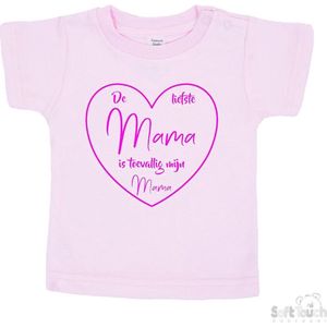 Soft Touch T-shirt Shirtje Korte mouw ""De liefste mama is toevallig mijn mama"" Unisex Katoen Roze/fluor pink Maat 62/68