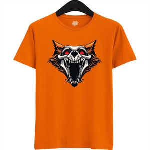 Furry Skull Dog - Halloween Hellhound Wolf Dames / Heren Unisex T-shirt - Grappig Hond Kostuum Shirt Idee Voor Volwassenen - T-Shirt - Unisex - Oranje - Maat S