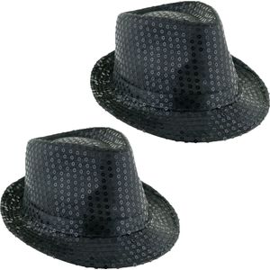 Toppers - Funny Fashion Carnaval verkleed Trilby hoedje met glitter pailletten - 2x - zwart - heren/dames