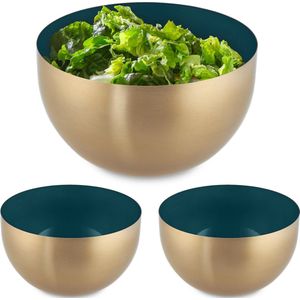 Relaxdays 3x saladeschaal - 1 liter - groen-goud saladekom - mengkom - rvs - bakken