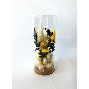 droogbloemen boeket 25cm geel in glas cilinder op een kurk voet