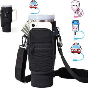 draagtas voor waterflessen, Stanley Cup 40oz draagtas, bidontas met zak, verstelbare schouderriem, rieten hoes, bekeraccessoires, voor kamperen wandelen fietsen