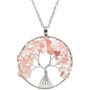 Fako Bijoux® - Ketting - Chakra Reiki - Levensboom XL - Roze Agaat - Roze