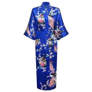 KIMU® Kimono Konings Blauw Maxi - Maat M-L - Yukata Satijn Lang - Lange Blauwe Ochtendjas Japanse Kamerjas Sexy Satijnen Badjas Geisha Vogels Dames Festival