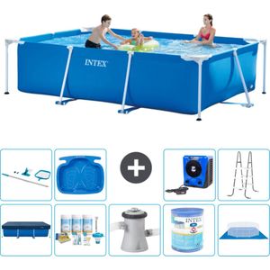 Intex Rechthoekig Frame Zwembad - 300 x 200 x 75 cm - Blauw - Inclusief Afdekzeil - Onderhoudspakket - Zwembadfilterpomp - Filter - Grondzeil - Schoonmaakset - Ladder - Voetenbad - Warmtepomp