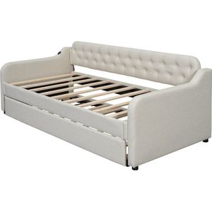 Merax 90x200 cm Slaapbank met Uittrekbaar Bed en USB-oplaadpunt - Beige Linnen - Stijlvol en Praktisch