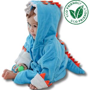 BoefieBoef Dinosaurus Blauw Eco Dieren Badjas voor Baby's & Peuters 0-2 Jaar - Hypoallergene Bamboe Kinderbadjas met Dieren Capuchon – Perfecte Ochtendjas als Duurzaam Kraamcadeau