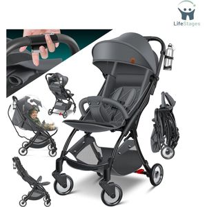 LifeStages - Reisbuggy - Opvouwbare wandelwagen - Sportwagen - 360° Wielen - 5-Puntsgordel - Incl. Bekerhouder - Regenhoes - Verstelbare Rugleuning en Zonnekap - Antraciet