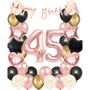 Snoes Ballonnen 45 Jaar Set Mega Rose Black Zwart Ballonen set - Compleet Feestpakket Cijferballon 45 Jaar - Verjaardag Versiering Slinger Happy Birthday – Folieballon – Latex Ballonnen - Helium Ballonnen