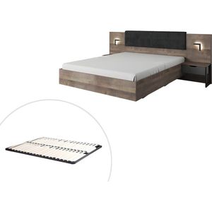 Vente-unique Bed met nachtkastjes - 160 x 200 cm - Met ledverlichting - Kleuren: Houtlook en antraciet + Bedbodem - LAONILE L 267.6 cm x H 102.5 cm x D 208.2 cm
