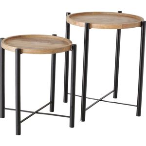 Bijzet tafel - Mango hout - 2set - ijzer - 55x Ø49cm - 45xØ43cm - Zwart - Bruin