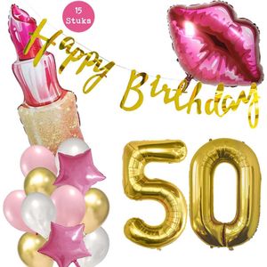 Snoes Beauty Helium Ballonnen Set 50 Jaar - Roze Folieballonnen - Slinger Happy Birthday Goud