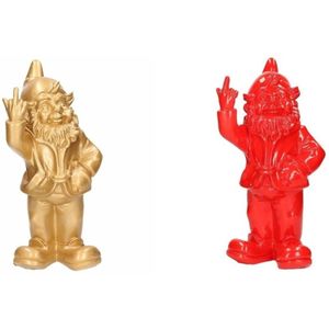 2x Tuinkabouters goud/rood middelvinger 30 cm