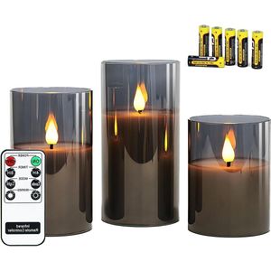 Led kaarsen met bewegende vlam - Grijze vlamloze kaarsen in glas - Set van 3 glazen windlichten met afstandsbediening - Timerfunctie - Warm wit licht - Batterijen inbegrepen