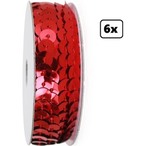 6x Rol pailletten band rood 275cm - Paillet kleding accessoires thema feest glitter and glamour