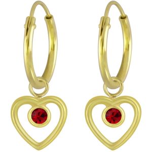 Joy|S - Zilveren hartje bedel oorbellen - kristal rood - oorringen voor kinderen - 14k goudplating