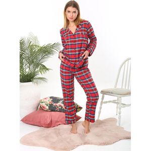 Flanel Dames Pyjama Set Met Geruit Patroon Rood Maat M