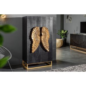 Extravagante hoge kast ANGEL 70 cm zwart mangohout met gouden vleugels
