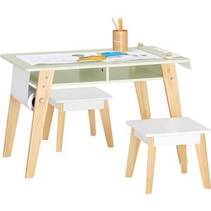 Rootz Kinderactiviteitentafelset met 2 krukken - Studiebureau - Knutseltafel - Ruimtebesparend ontwerp - Duurzame constructie van MDF en grenen - Inclusief papierrolhouder - 80 cm x 50 cm x 48 cm