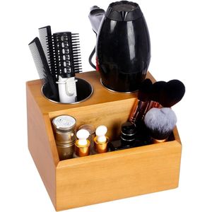 Föhn Houder met 2 Cilindrische Beker - Houten Toonbankorganizer voor Badkamer en Wandmontage hair tool organiser