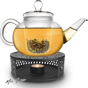 Mrs. Jones Premium Collection Glazen theepot - 1.2 l - Zwart - Roestvrij staal - Losse thee - Druppelvrij .