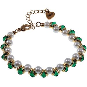 15 tot 20cm Armband Dames - Verguld RVS - Kristal en Schelp Parelarmband - Groen en Witte Armband - Verstelbare Kralenarmband