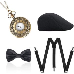 4 Stuks 20s Gatsby Accessoires voor Mannen - Party Kostuum Set: Vilt Hoed, Zakhorloge, Braces, Stropdas