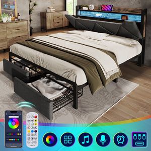 Gestoffeerd bed met oplaadfunctie USB Type C Tweepersoonsbed 160x200 cm met metalen lattenbodem Grijs