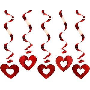 5x Hangdecoratie swirls/rotorspiralen Rode hartjes - Valentijnsdag decoratie
