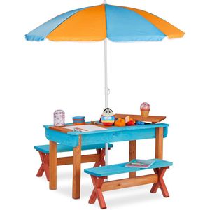 Relaxdays picknicktafel kind met parasol - speeltafel - zandtafel met 2 banken speeltafel