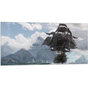 WallClassics - Vlag - Bergen met Piratenschip - 100x50 cm Foto op Polyester Vlag
