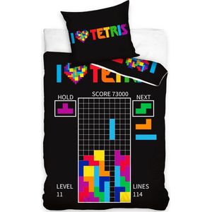 1-persoons jongens dekbedovertrek (dekbed hoes) “I love Tetris” zwart met computerspel van gekleurde Tetris blokjes (game level score gamer) KATOEN eenpersoons 140 x 200 cm (stoer beddengoed voor kinderen / tieners!)