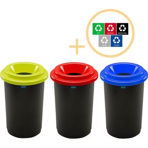 Plafor Eco Bin, Prullenbak voor afvalscheiding - 50L – Set van 3, Blauw/Groen/Rood - Inclusief 5-delige Stickerset - Afvalbak voor gemakkelijk Afval Scheiden en Recycling - Afvalemmer - Vuilnisbak voor Huishouden, Keuken en Kantoor - Afvalbakken