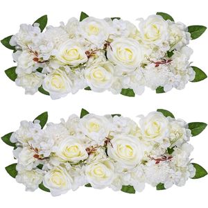 Witte rozen, kunstbloemen voor decoratie, 2 stuks, bloemenpanelen voor tafel, decoratieve bloemstukken met kunststof basis, zijden bloemen voor bruiloft, receptie, tafel, loper, woondecoratie