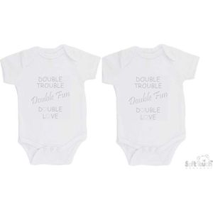 100% katoenen Rompers 2-pack ""Double Trouble Double Fun Double Love"" Tweeling Unisex Katoen Wit/zilver Shiny Maat 56/62