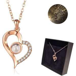 GreatGift® - Rosé Gouden Special Hartjes ketting - Ik Hou Van Je Ketting - Magische ketting - 100 talen ketting - Cadeautip - In luxe geschenkverpakking