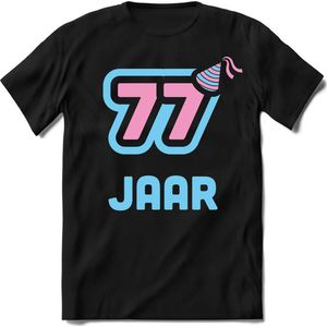 77 Jaar Feest kado T-Shirt Heren / Dames - Perfect Verjaardag Cadeau Shirt - Licht Blauw / Licht Roze - Maat 7XL