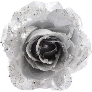 6x Zilveren glitter roos met clip - Zilveren glitter rozen - Decoratie bloemen / kerstboomversiering bloemen