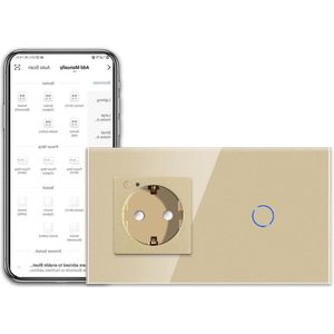 Stopcontact en Lichtschakelaar WLAN 1-voudig - Aanraakschakelaar - Alexa Google Home - Smart Life App - Gouden Glas Panel - Neutrale Geleider nodig
