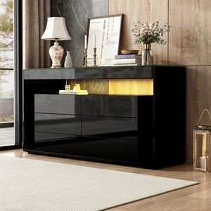 Sweiko Dressoir - 6 lades - LED-verlichting - Hoogglans - Glazen tafelblad - Zwart