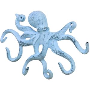 Hampton Nautical Rustieke Donkerblauwe Witgekalkte Octopushaak van Gietijzer 28 cm - Decoratieve Haak - Sealife Metalen Wandhaak
