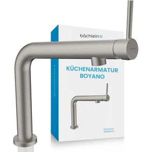 Bächlein Keukenkraan Boyano (Geborsteld roestvrij staal) - Draaibare ééngreeps spoelbakmengkraan van hoogwaardig messing - Kraan voor de keuken met naar voren gerichte hendel