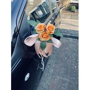 AUTODECO.NL - MIA ORANJE Trouwauto Versiering Oranje Rozen met Linten - Bloemen op de Auto Bruiloft - Buitenspiegels Decoratie - Trouwerij/ Huwelijk/Bruiloft Decoratie/ Versiering Spiegel Auto/ Autoversiering voor Volgauto's