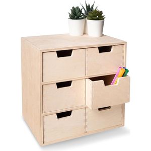 Mini Houten Kist met 6 Laden | Onbeschilderd Multiplex | 28.5 x 20 x 28.5 cm | Perfect voor Opbergen, Decoupage en Decoreren