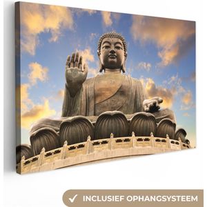Canvas - Boeddha - Buddha - Standbeeld - Steen - Lucht - Hand - 120x80 cm - Muurdecoratie - Kamer decoratie