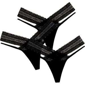 3 Pack - Sexy Dames String met Kant - Zwart - High Waist Slip - Vrouwen Lingerie / Ondergoed - Maat L
