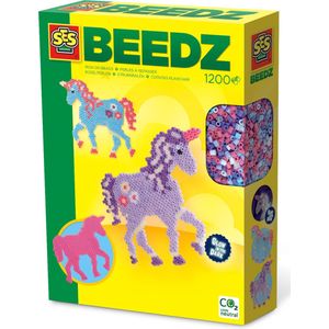 SES Beedz - Strijkkralen met legbord - grondplaat, 1200 strijkkralen en strijkvel - fantasie paard - unicorn - glow in the dark - PVC vrij