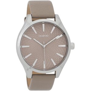 OOZOO Timepieces - Zilverkleurige horloge met taupe leren band - C9687